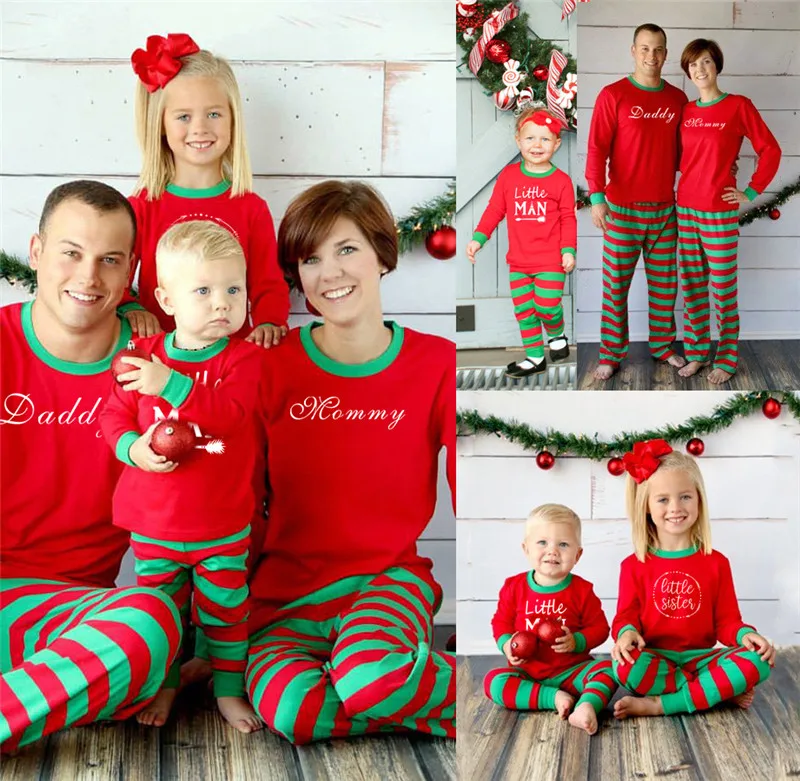 Рождественские одинаковые комплекты для семьи; пижамные комплекты для взрослых; Мужская и женская одежда для сна; комплект из двух предметов; Рождественская футболка; штаны в полоску