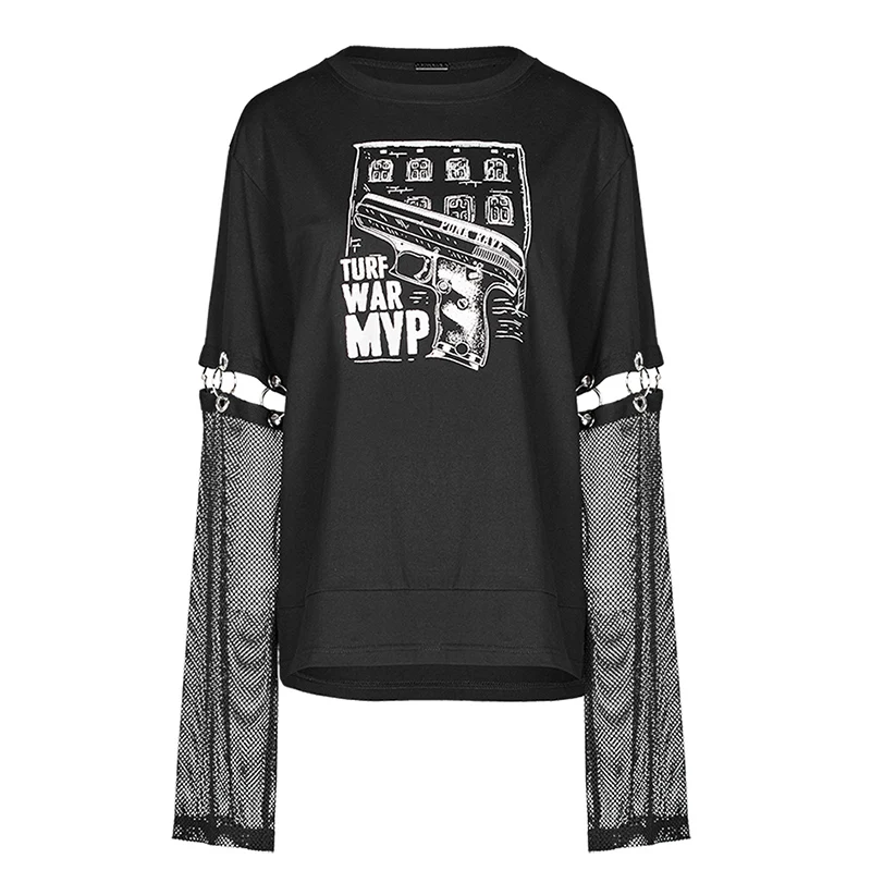 Панк RAVE Girl's Gothic Printed свободная черная футболка со съемными рукавами Harajuku женская футболка Забавные футболки уличная одежда