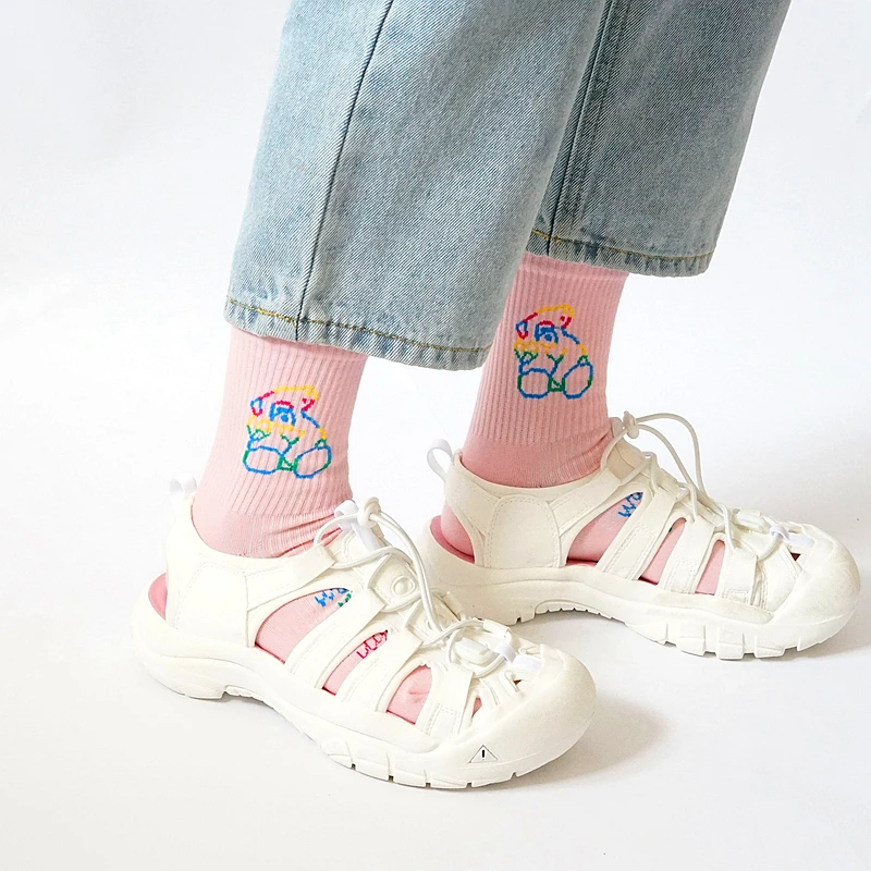 Женские хлопковые носки в японском стиле с рисунком медвежонка, школьные однотонные лаконичные женские короткие носки, оригинальные Дышащие носки