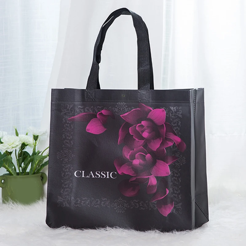 New Black Flower Foldable Shopping Bag Reusable Tote Pouch Eco Travel Groccery Bags Female Non-woven Fabric Shopping Bags