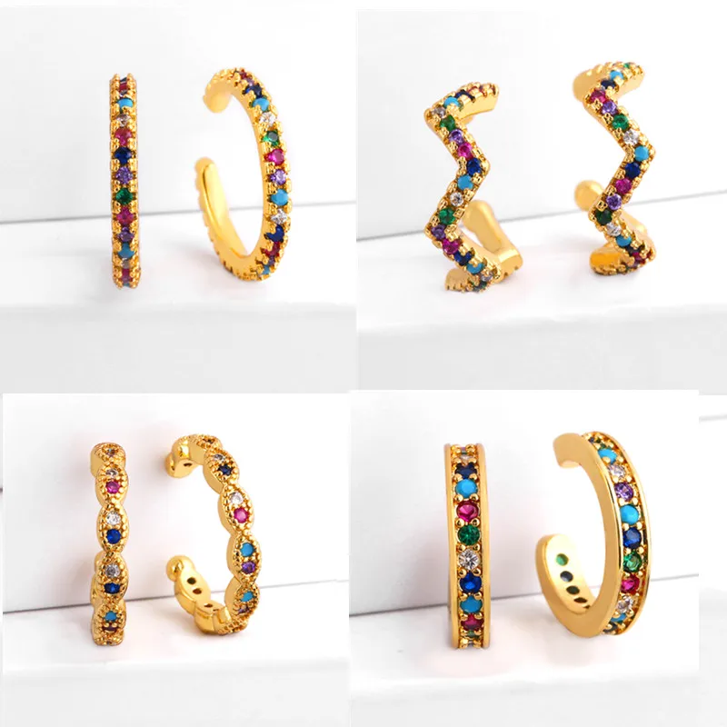 

No Piercing Rainbow Earrings Ear Cuff Clip On For Women Micro Pave Colorful Cubic Zirconia Stud Earrings Gorgeous Jewelry