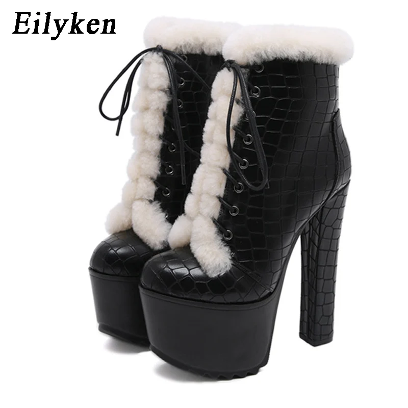 

EilyKen Winter Motorcycle Boots High Heels 16cm Lace-Up Side Zipper Warm Plush Platform Round Toe Ankle Boots For Women