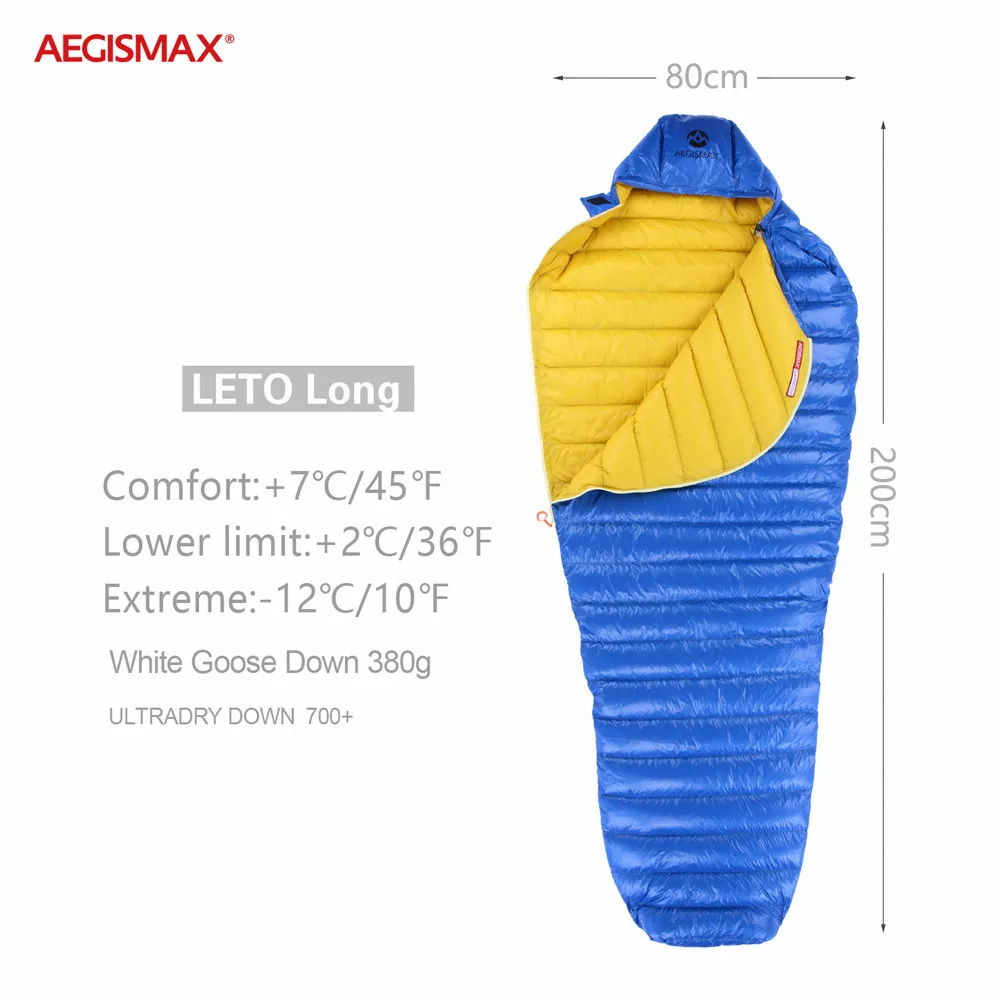 AEGISMAX LETO на открытом воздухе FP700+ белый гусиный пух спальный мешок водонепроницаемый кемпинг путешествия 36℉~ 45℉ маленькая упаковка вниз спальный мешок - Цвет: Blue-Lengthen
