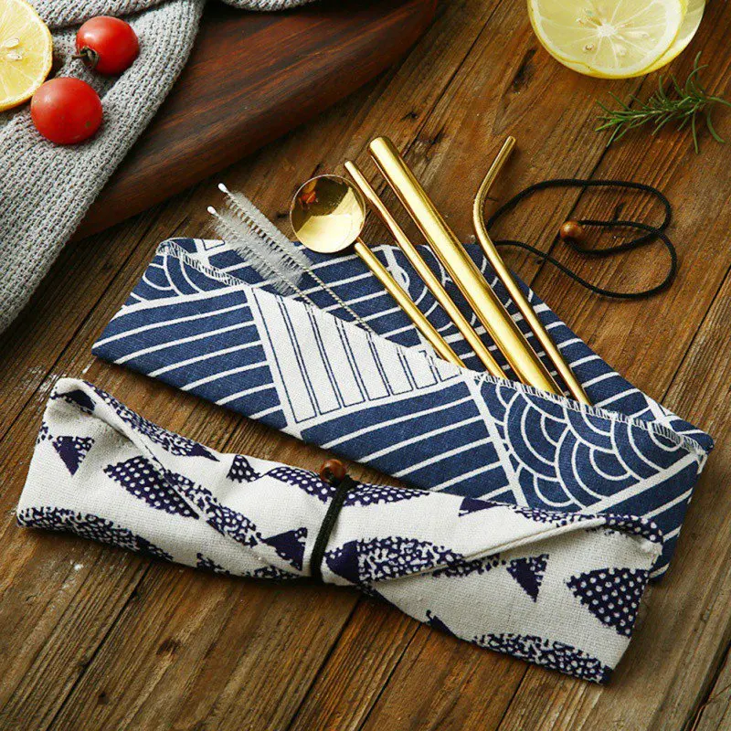 Friendly 6pcs Stainless Drink Straws Set With Cloth Pack Cutlery+2pcs Cleaner Brush Reusable Straw Bar Accessories