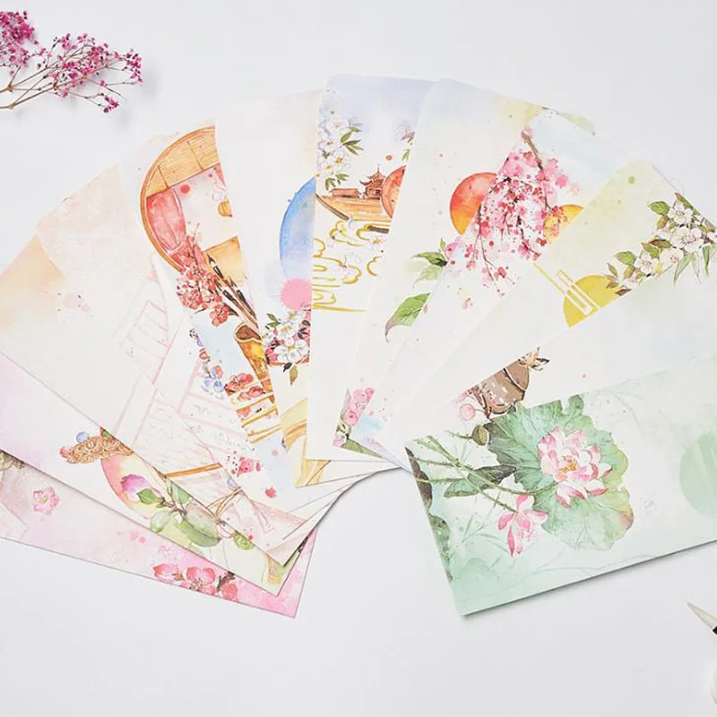 12 unidades/juego de sobres de papel de estilo chino Vintage, Flor Retro de plantas de manualidades, sobres de papel para escribir cartas, postales, papelería