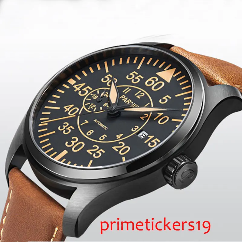 PARNIS men watch 44mm PVD coated case date sapphire glass automatic movement yellow hands