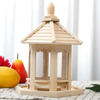 

Bird Feeder Wooden Hanging Bird Food Container Rainproof Balcony Villa Bird Food Box House Type Bird Feeder Garden Decor