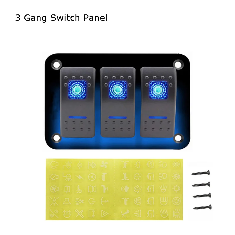 Панель переключателя включения-выключения с наклейками, водонепроницаемый светодиодный переключатель для автомобиля, лодки, грузовика, кемпера, аксессуары - Цвет: Blue Switch 3 Gang