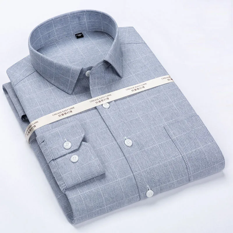Offerte Classiche da uomo Grinza Resistente A Manica Lunga Camicia di Vestito di Patch Tasca Sul Petto Formale Business Standard fit a Quadri A Righe camicette