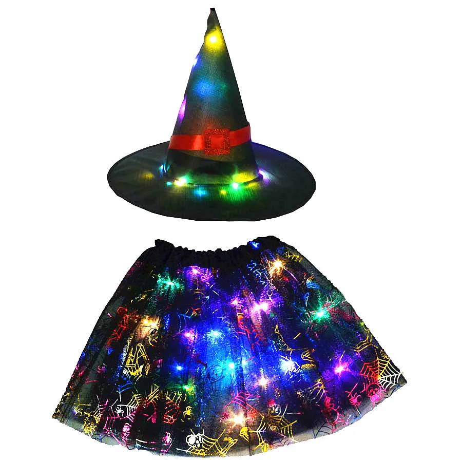 Дети девочки волшебник, ведьма шляпа паук паутина, мини-юбка, юбка-пачка, костюмы на Хэллоуин светильник свечение вечерние поставки Led вечерние светодиодный одежда; подарок на день рождения