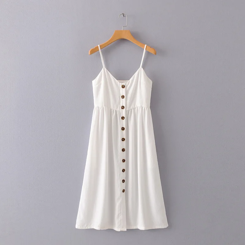 

2019 Spring Europe And America WOMEN'S Dress New Style Solid Color Mid-length Strapped Dress 1589