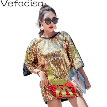 

Vefadisa Full Sequin T-Shirt Women Gold Black Sequin Pattern T-Shirt Dress Reversable Short Sleeve T-Shirt Mini Dress ZLD477