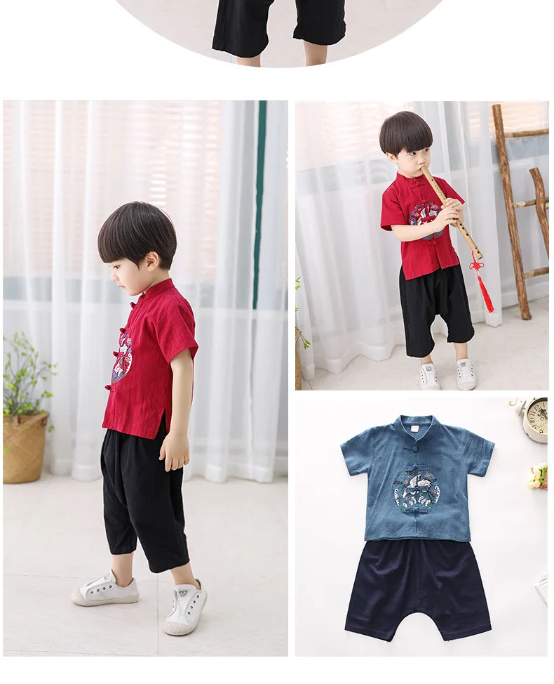 Летний Стиль; Детский костюм в китайском стиле; детская одежда из хлопка и льна с короткими рукавами; мешковатые брюки; комплект одежды в китайском стиле