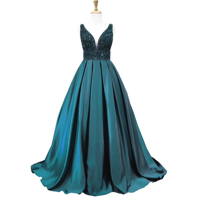 

2019 Ball Gown V-neck Sleeveless Beaded Backless Women Formal Evening Gowns Long Emerald Green Evening Dress