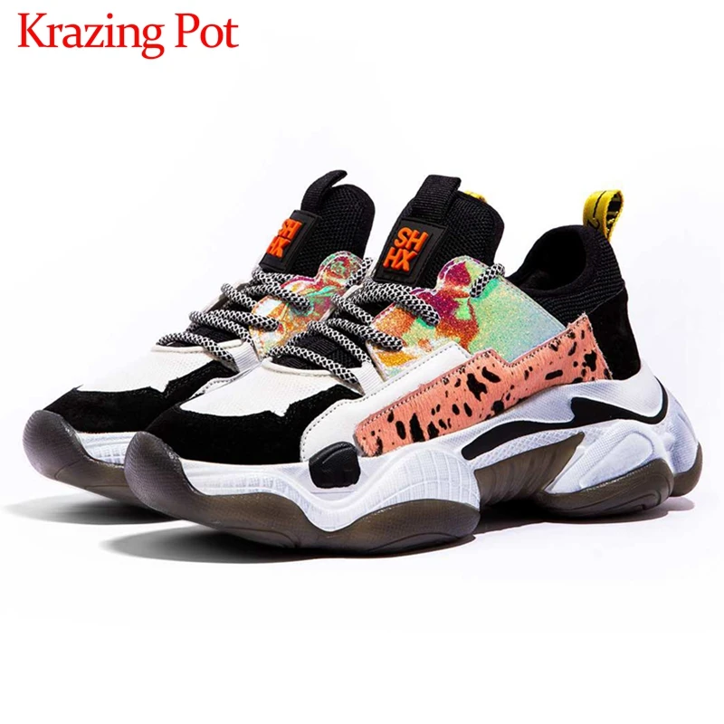 

Krazing pot genuine leather leopard vintage mixed colors fashion sneaker round toe lace up beauty lady punk vulcanized shoes L62
