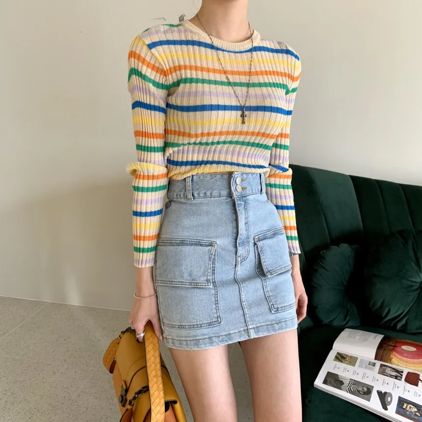 

Striped Rainbow Woman Sweater Korean Sheath Autumn Winter Bodycon Pullover Top