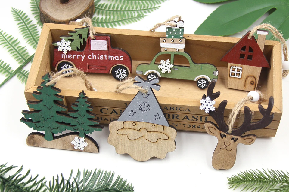 2 шт. винтажные Деревянные Подвески с принтом оленя/дерева/машины, рождественские украшения, поделки из дерева, детский подарок, украшения для рождественской елки