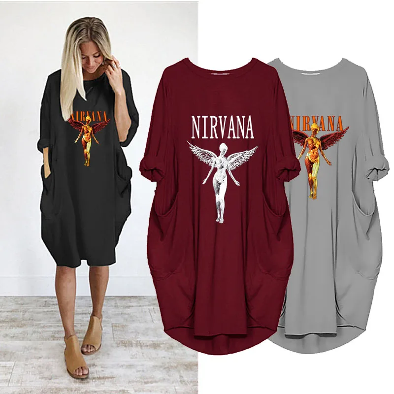 

Autumn Winter Women Midi Dress Nirvana Print Vintage Long Sleeve Pocket Casual Loose Plus Size Dresses Femme Party Vestidos Robe