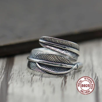 

S925 Sterling Silver Ring in Indian style retro point gold to create Personality classic feather series Send a gift to love
