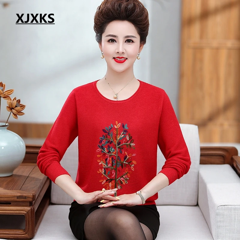 Красный XJXKS Fall Middle-aged Women Jumper Winter Sweaters Pullovers Plus Size O-neck Wool Sweater Women Long Sleeve Mother Tops - Цвет: Красный