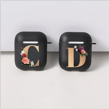 

Cute Floral Gold Initial alphabet Letter Case For Airpod 2 Cases Silicone Wireless Bluetooth Earphone Cover Matte Black