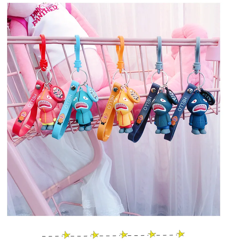 

Fashion cute PVC shark man keychain car keyring jewelry PU Leather 3D Animal Key chain Ring women girls bag ornaments DIY