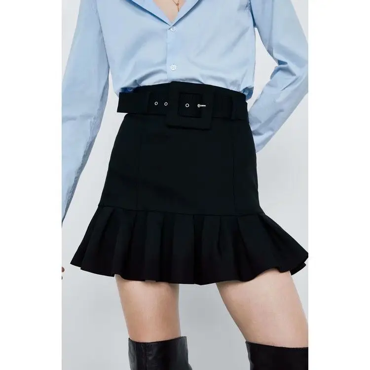 

2020 Spring-Style High-waisted Belt Hem Flounced Pleated Mini Skirt Skirt