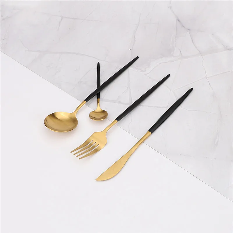 Cutlery Set Black Gold Dinnerware Fork Spoon Knife 24 Pieces Stainless Steel Complete Tableware Kitchen