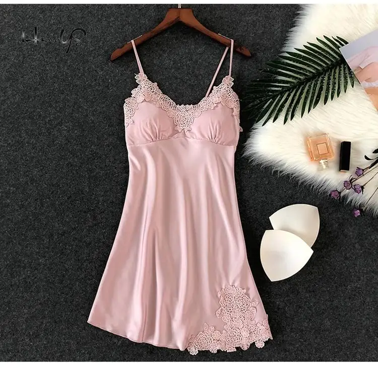 Pink Женские шелковые ночные рубашки, кружевное белье, атласная сорочка, ночная рубашка с v-образным вырезом, ночная рубашка, ночная рубашка, домашняя одежда - Цвет: Pink