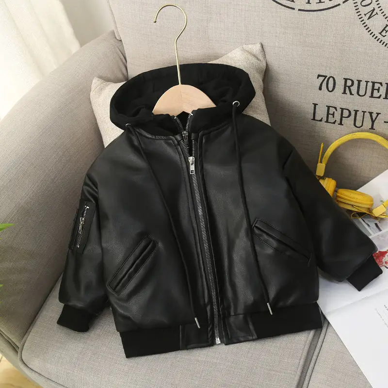 

Baby boys autumn and winter warm clothing children's jacket thickening faux leather jacket boy hooded jacket boy warm outwears