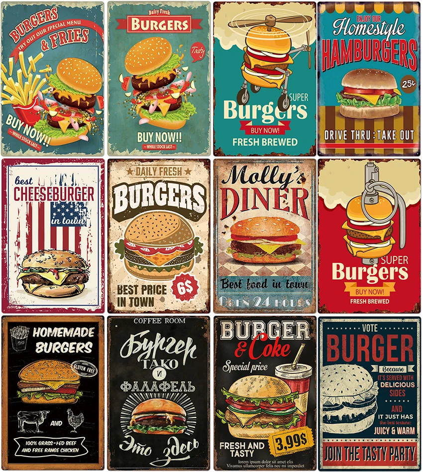 

Delicious Hamburger Food Signs Metal Plaques Barbecue Kitchen Restaurant Shop Tin Sign Decorative Posters Retro Iron Paintings