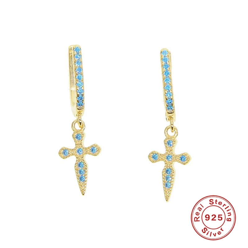 

925 Sterling Silver Hoop Earrings For Women Lucky Cross Sword Turquoise Zircon Crystal Earring Hoops Earings Jewelry Pendientes
