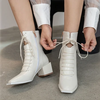 

2020 Genuine Leather Women Ankle Boots 2020 Winter Square Toe Thick Heels Pumps Party Office Lady lace up Shoes Woman