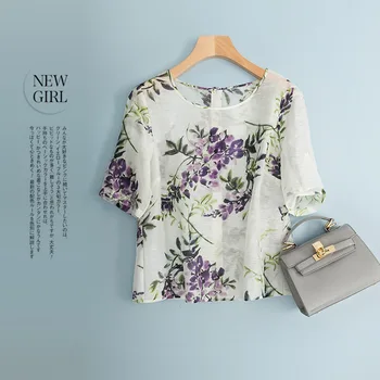 

New European and American wind wisteria printed silk flax short sleeve blouse