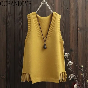 

OCEANLOVE 2020 Autumn Winter Solid Sweaters Women Sleeveless Tassel V Neck Casual Vest Korean Knitted All Match Pullovers 13063