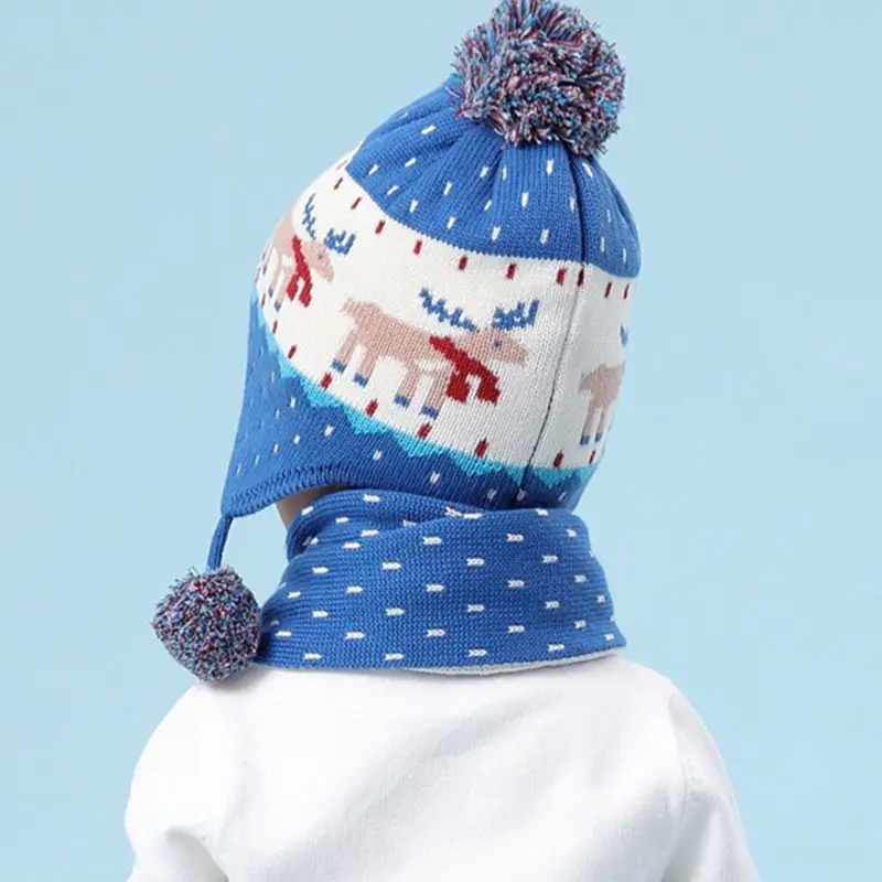Новинка, детская зимняя жаккардовая шапочка с оленем, шапка, шарф, помпон, шапка-ушанка, теплая шапка