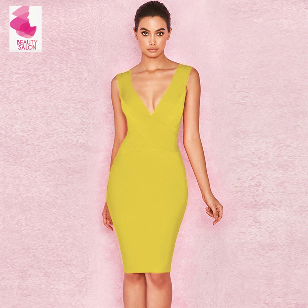 

Ocstrade 2019 New Summer Ginger Stamp V Neck Sleeveless Mini Simple Fashion Bandage Dress FPPHK036