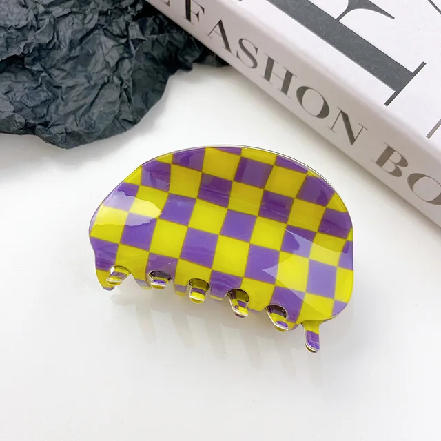 2021 Autumn New Fashion Women Hair Claw Clip Accessories Acrylic Geometric Color Grid For Sweet Girls Shark Hairpins Headdress C-08