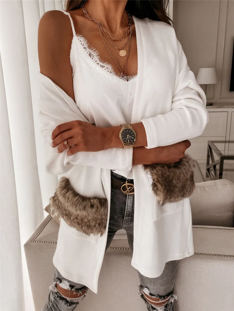 

Trench Women Fall Winter Outerwear Long Sleeve Open Front Tie Waist Mid-Length Cardigan Streetwear Fur Pocket Sashes Cardigan