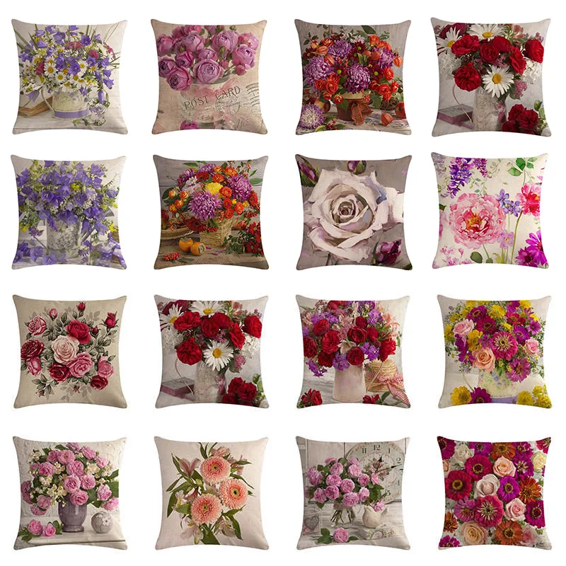 

45x45cm Modern Country Style Pink Flower Linen Custom Cushion Cover Decorative Sofa Car Chair Pillow Case Rose Pillow Cover