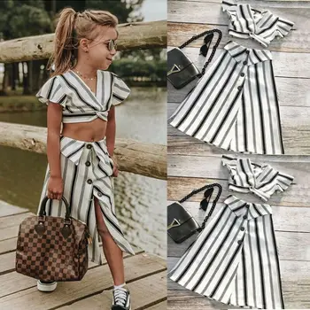 

Brand Summer Kids Girls Clothes Fashion Casual black and white Striped Crop Tops+Skirt 2PCS Set Outfit Party For Children 3-8Y