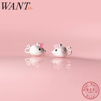

WANTME Genuine 100% 925 Sterling Silver Cute Pink Ear Fat Mouse Studs Earrings for Women Femme Trendy 3D Rat Animal Jewelry Gift