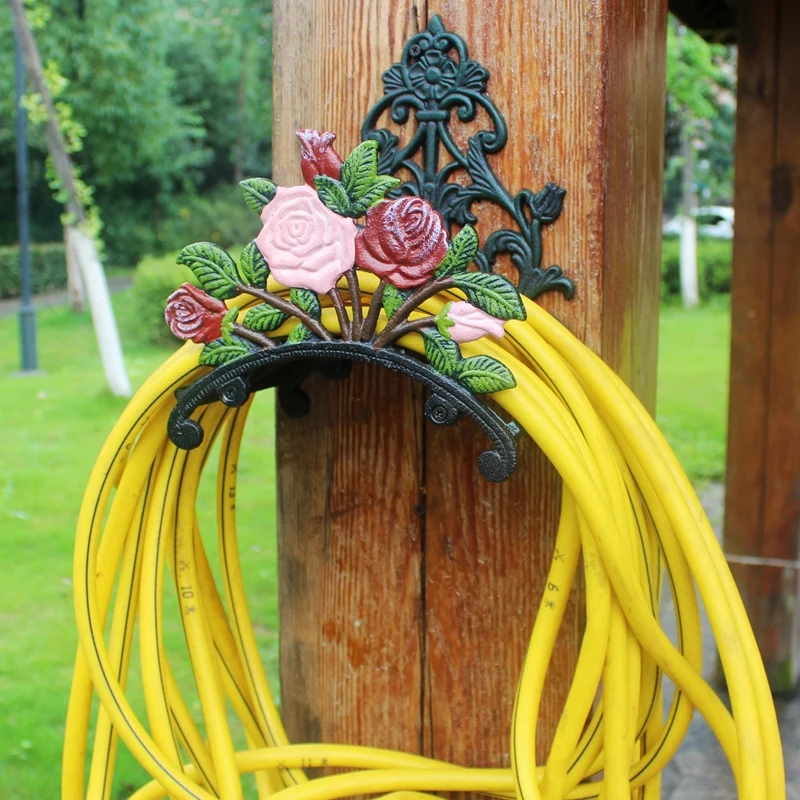 Soporte de manguera de hierro fundido, colgador de carrete de manguera decorativo de flor rosa, soporte manguera de jardín antiguo montado en la pared, equipo de jardín para el y