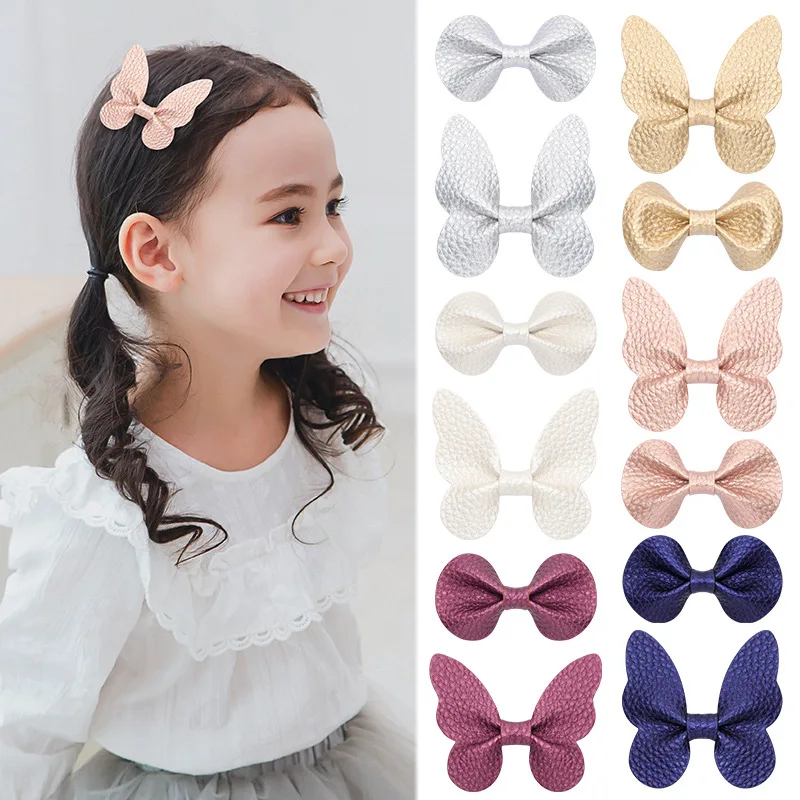

INS Embossed Leather Butterfly Barrettes 91208 Creative New Style CHILDREN'S Hair Accessories Solid Color round Ear Bang Clip