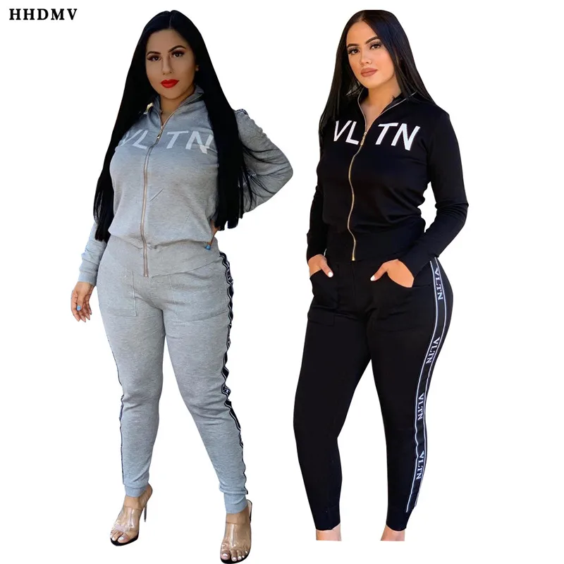 

HHDMV spring casual movement style sets long sleeve lapel zipper top elastic pockets long pants letters printed two piece sets