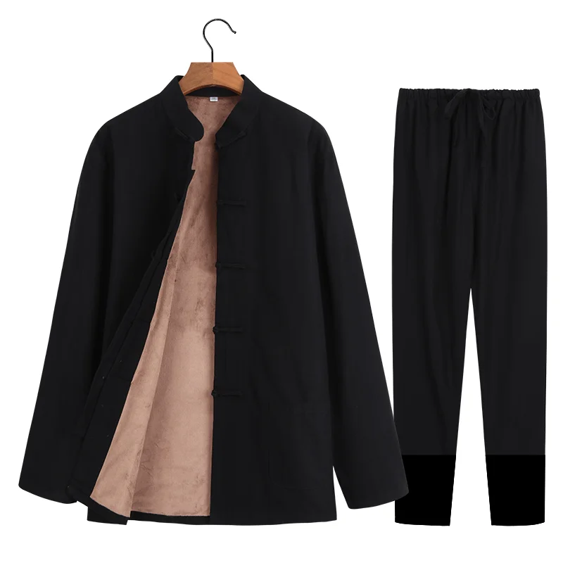 Черный Chinese tunic suit New Year man Tang costume Han clothing men's linen warm cotton coats plus velvet thick casual two-piece suit - Цвет: Черный