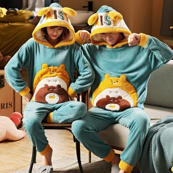 

Winter Couple Pajama Sets Women Flannel Pyjamas Sleepwear Men Thick Warm Comfort Long Sleeve Homewear Cute Animals Home Suit