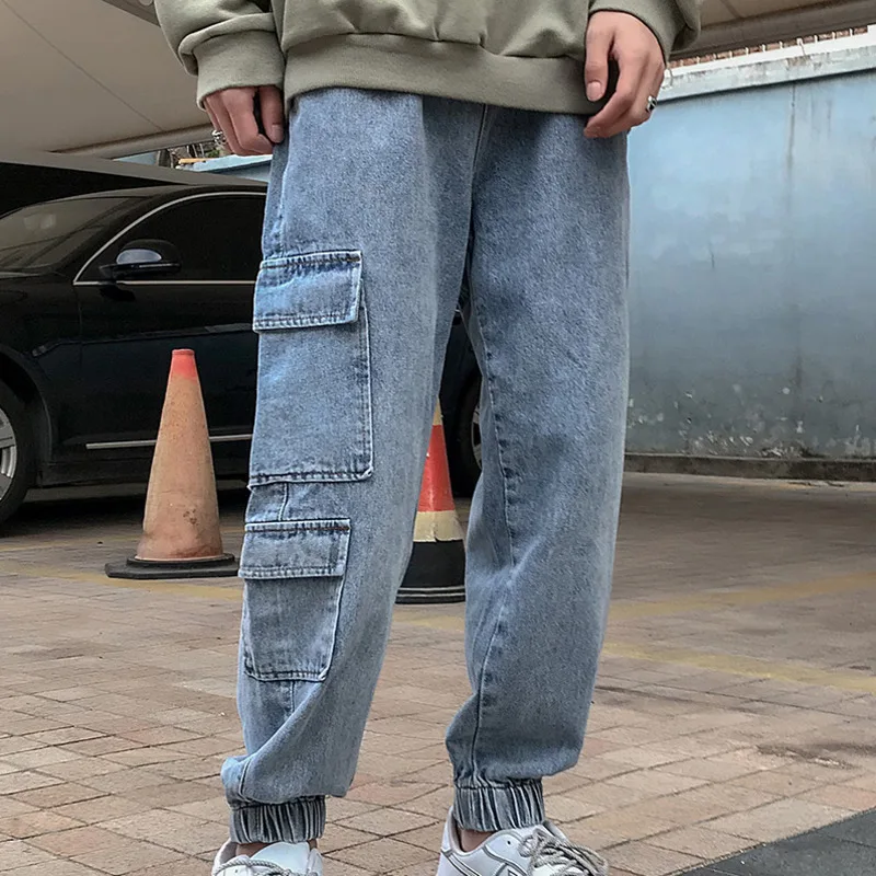 Drawstring Straight Jeans Men's Fashion Retro Multi-pocket Tooling Jeans Pants Men Streetwear Loose Hip Hop Denim Trousers M-5XL