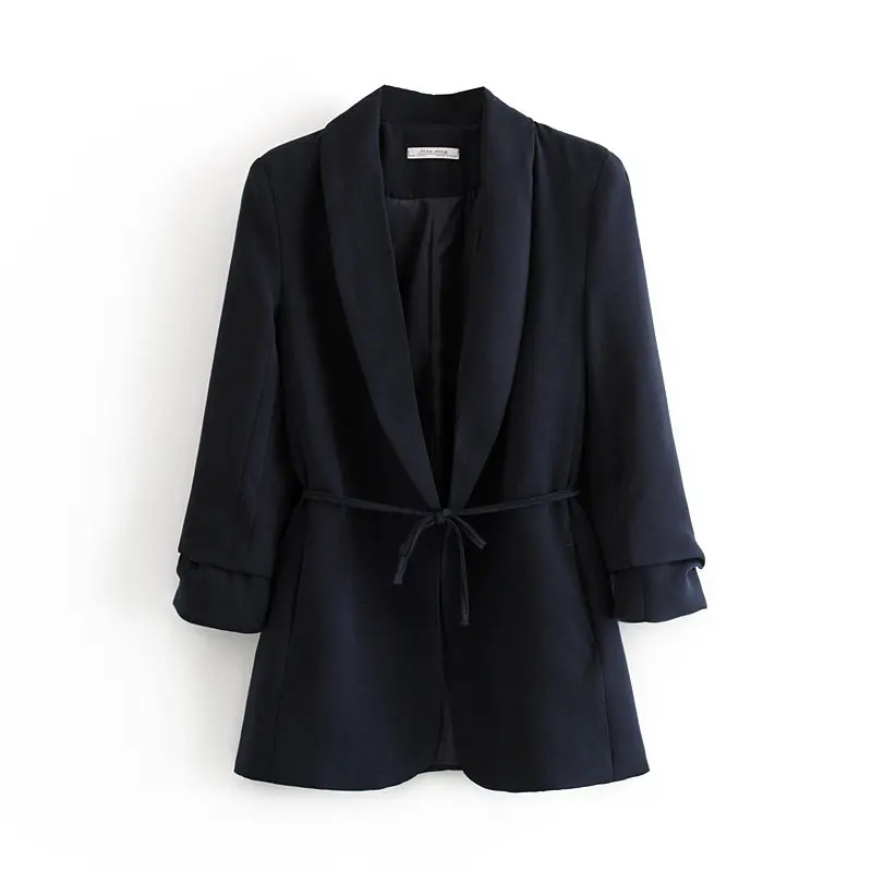 

women elegant crimping three quarter sleeve casual blazer notched collar open stitch lace up female stylish outwear coats CT238