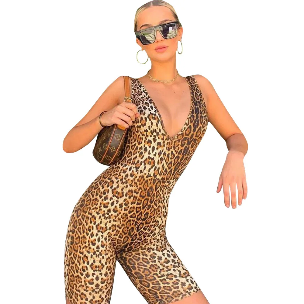 Sexy Women Bodysuit V Neck Sleeveless Leopard Print Bodycon Jumpsuit Spaghetti Strap Slim Fit Short Romper One Piece Jumpsuits